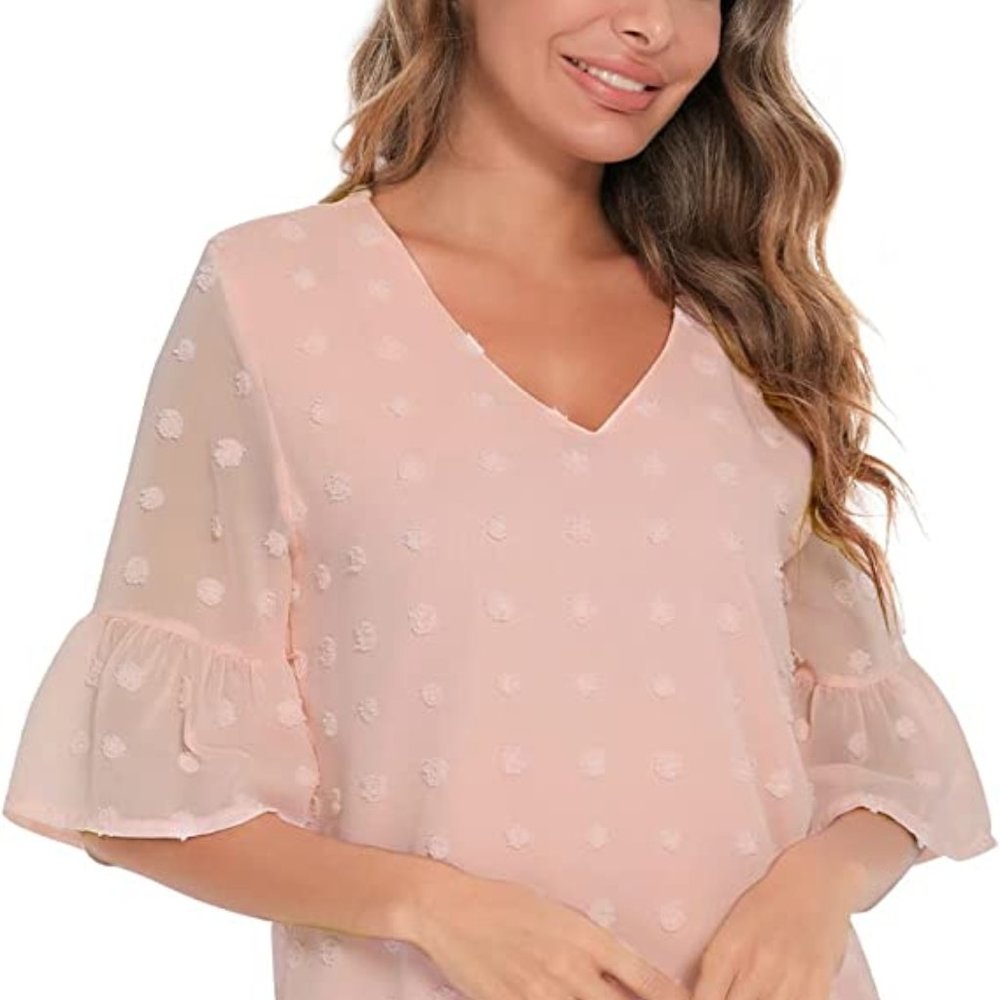KEKE LILI Swiss Dot Dress for Women Casual V Neck Chiffon Shift Short Ruffle